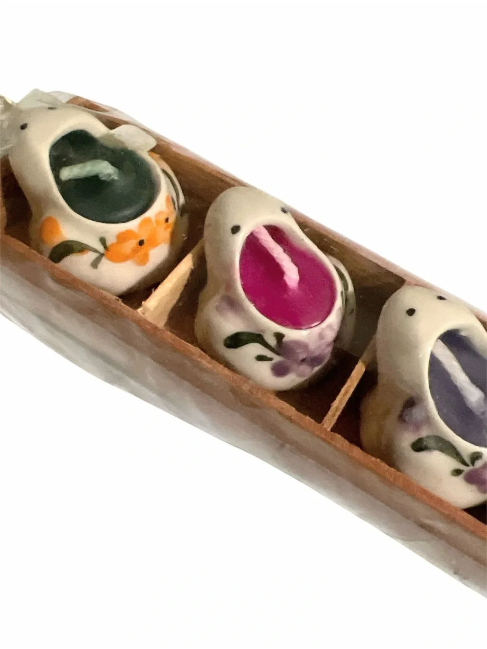 Miniature Ceramic Candle Set in Wooden Tray, Frogs